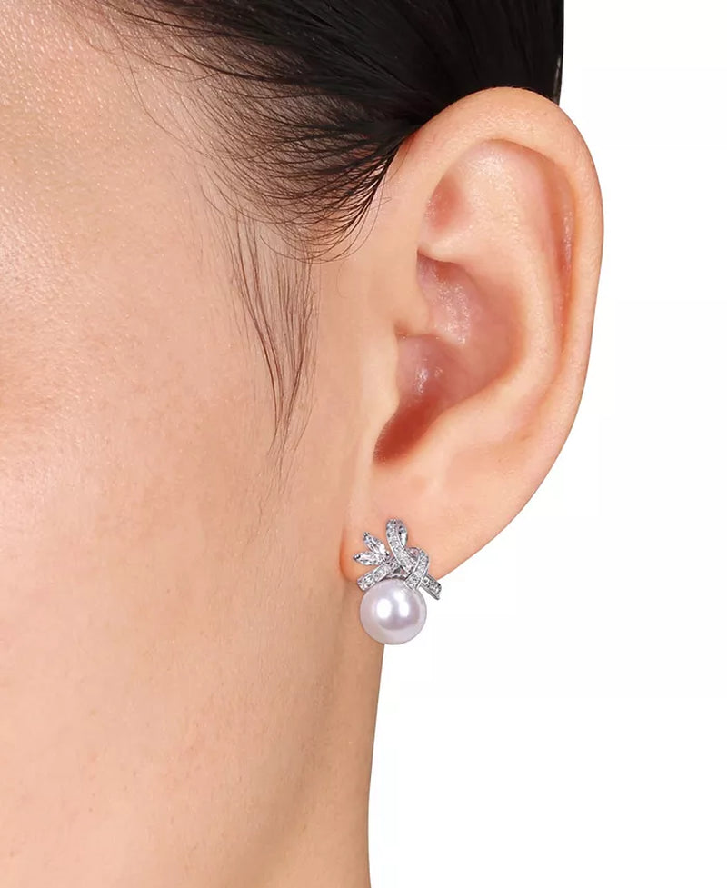 Elegant 10K White Gold Ribbon Earrings with Freshwater Cultured Pearls, Sparkling White Topaz, and Dazzling Diamonds
