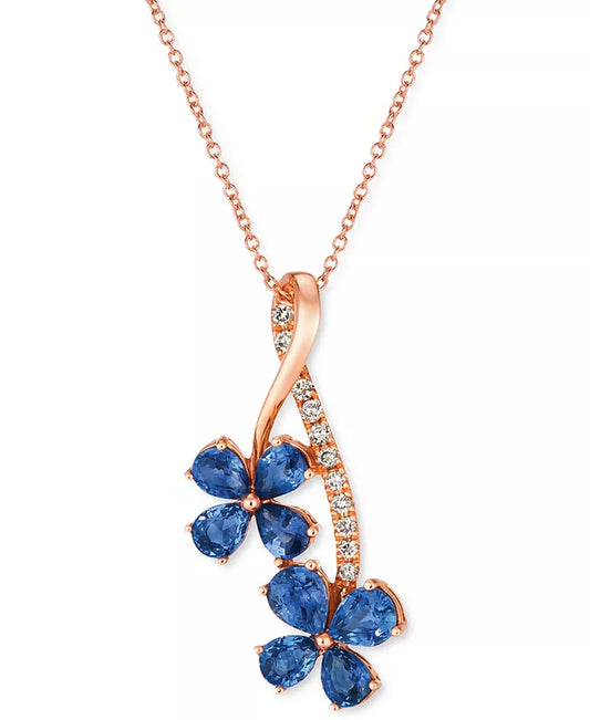 Stunning Blueberry Sapphire & Nude Diamond Flower Pendant Necklace in 14K Rose Gold - 1.5 Ct. T.W.