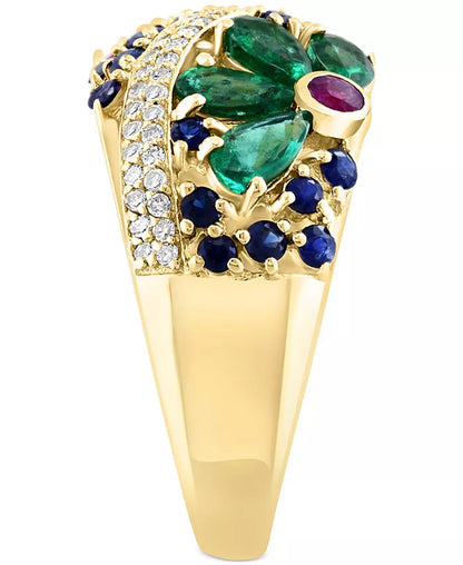 Stunning EFFY® 14K Gold Flower Openwork Ring with Multi-Gemstones (2-3/4 Ct. T.W.) & Diamonds (1/4 Ct. T.W.)